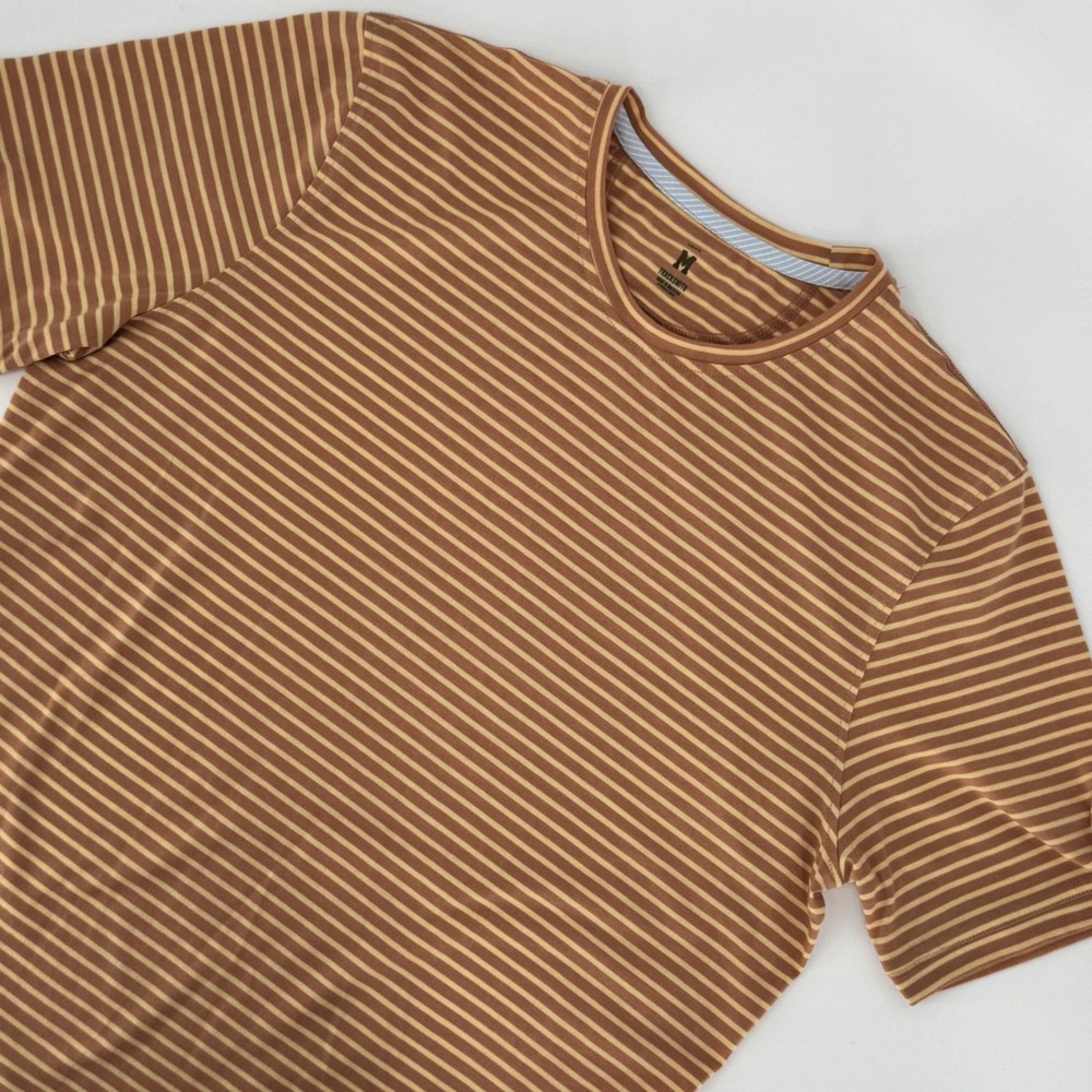 Tracksmith Striped Short Sleeve Running Shirt Brown Tan Men's M